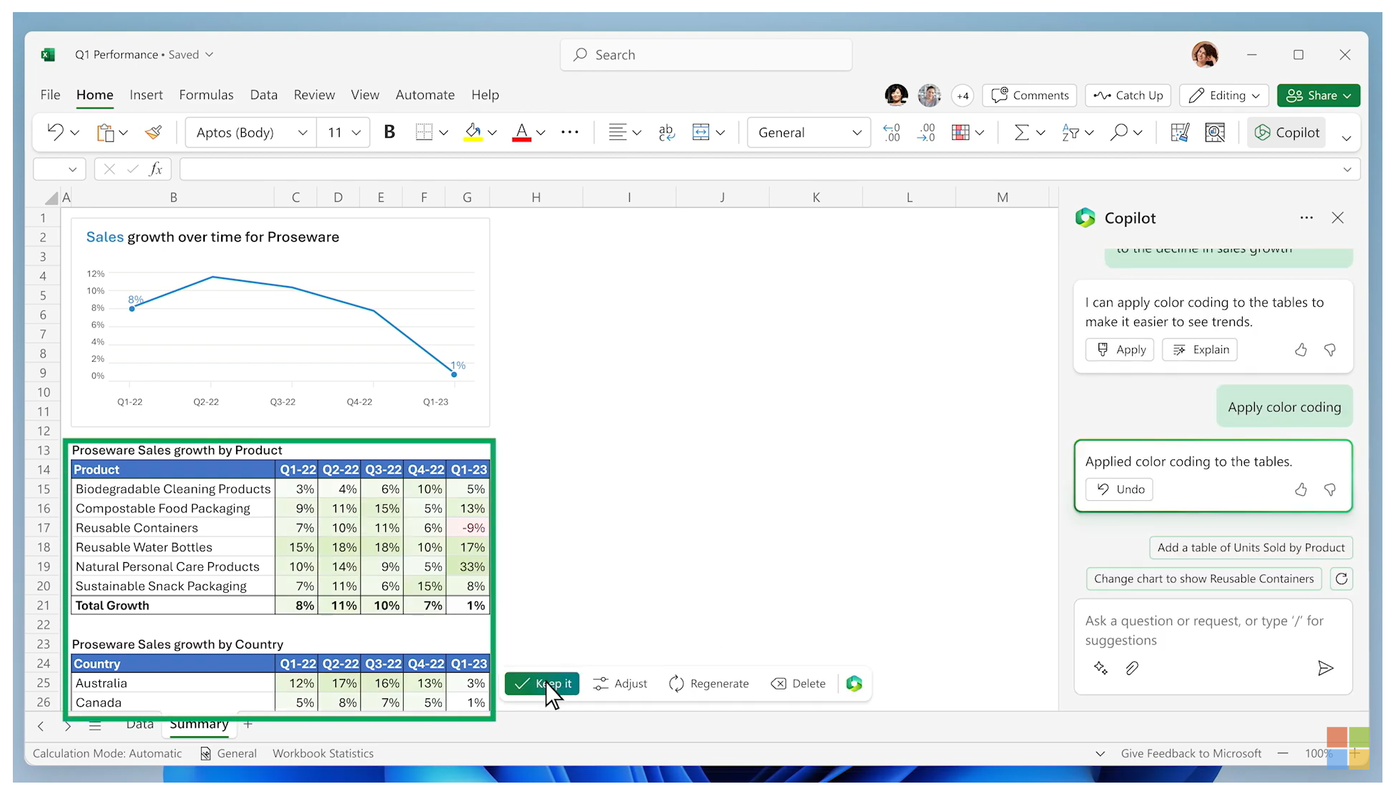 A screenshot from the Microsoft announcement video of Excel's chat AI.