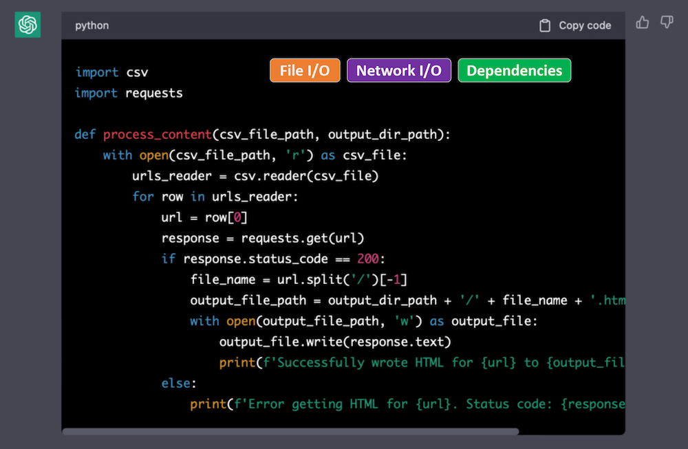 Screenshot of code generated by ChatGPT but with permission labels placed at the top indicating that the code uses file I/O, network I/O, and has external library dependencies.