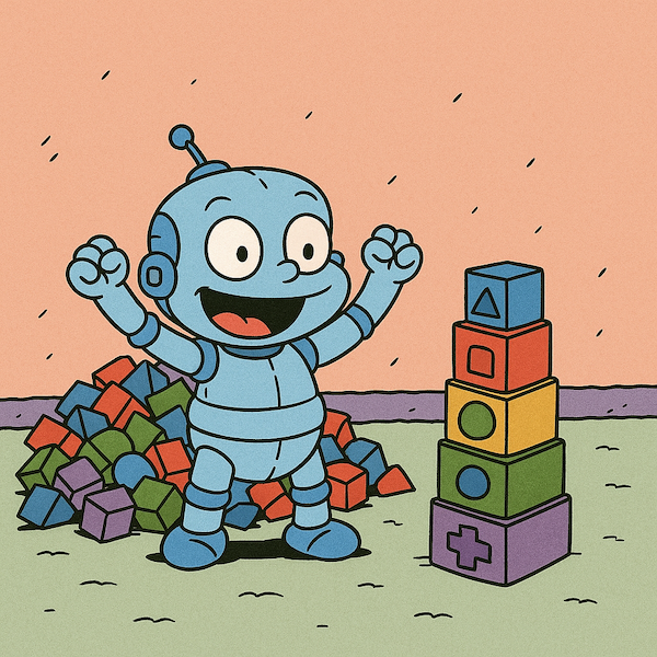 A baby robot standing in triumph after sorting a few blocks! Many unsorted blocks behind it remain.