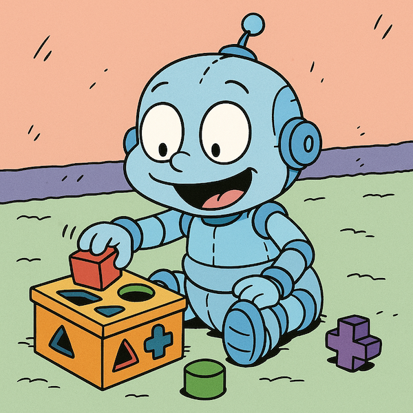 A baby robot pushing different shaped blocks into a box with slots for each shape.