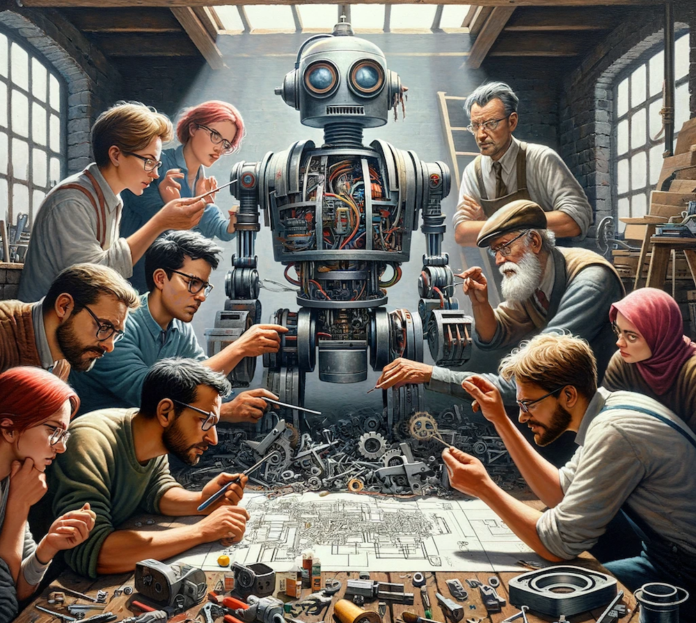 An illustration of engineers building a robot.