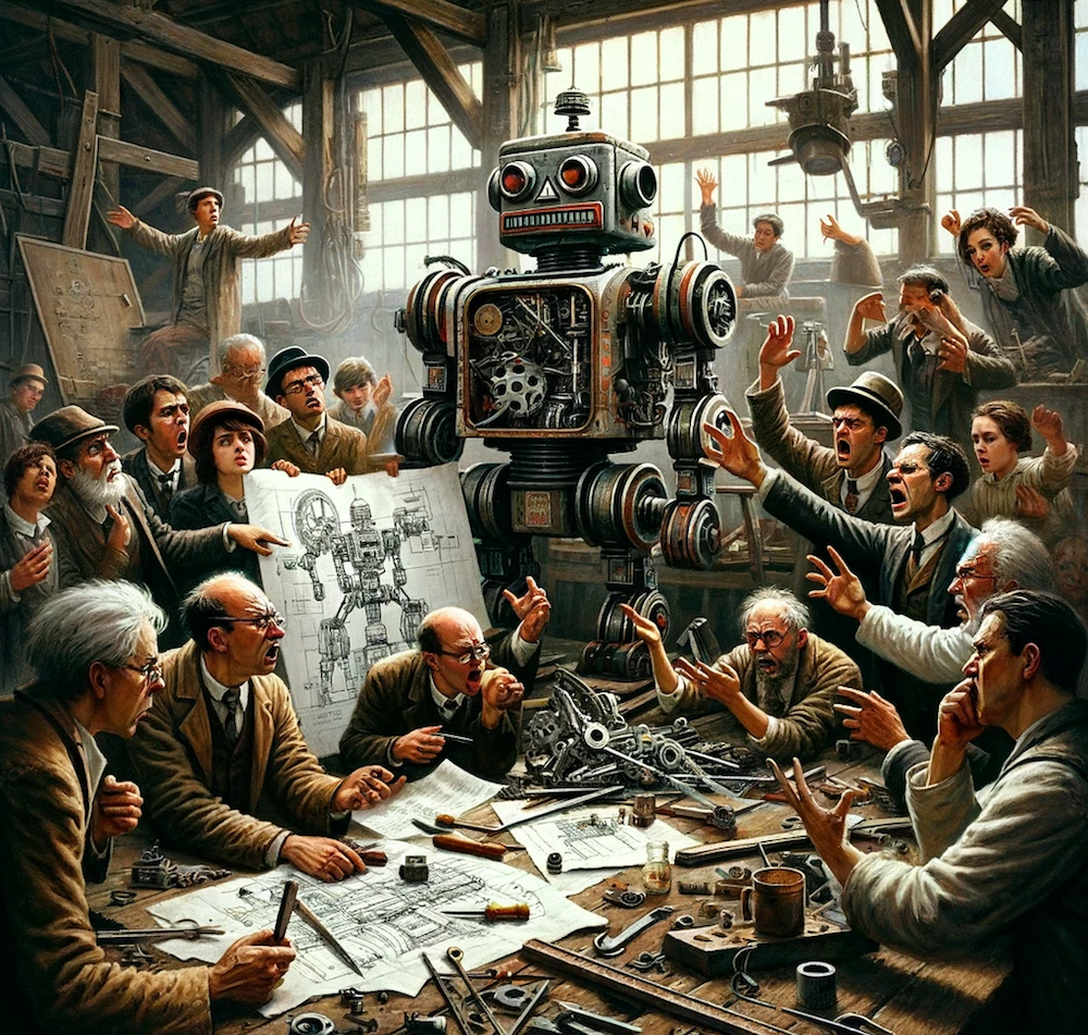 An illustration showing hundreds of arguing about how to build a robot.