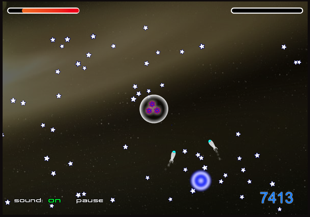 Screenshot of my game, Chaos Star. A space game with awkward controls. You fly around a large 2D space to collect orbs while avoiding missiles.