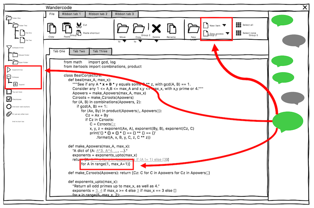 A GUI mockup showing a chat window and arrows extending from it to the rest of the app.