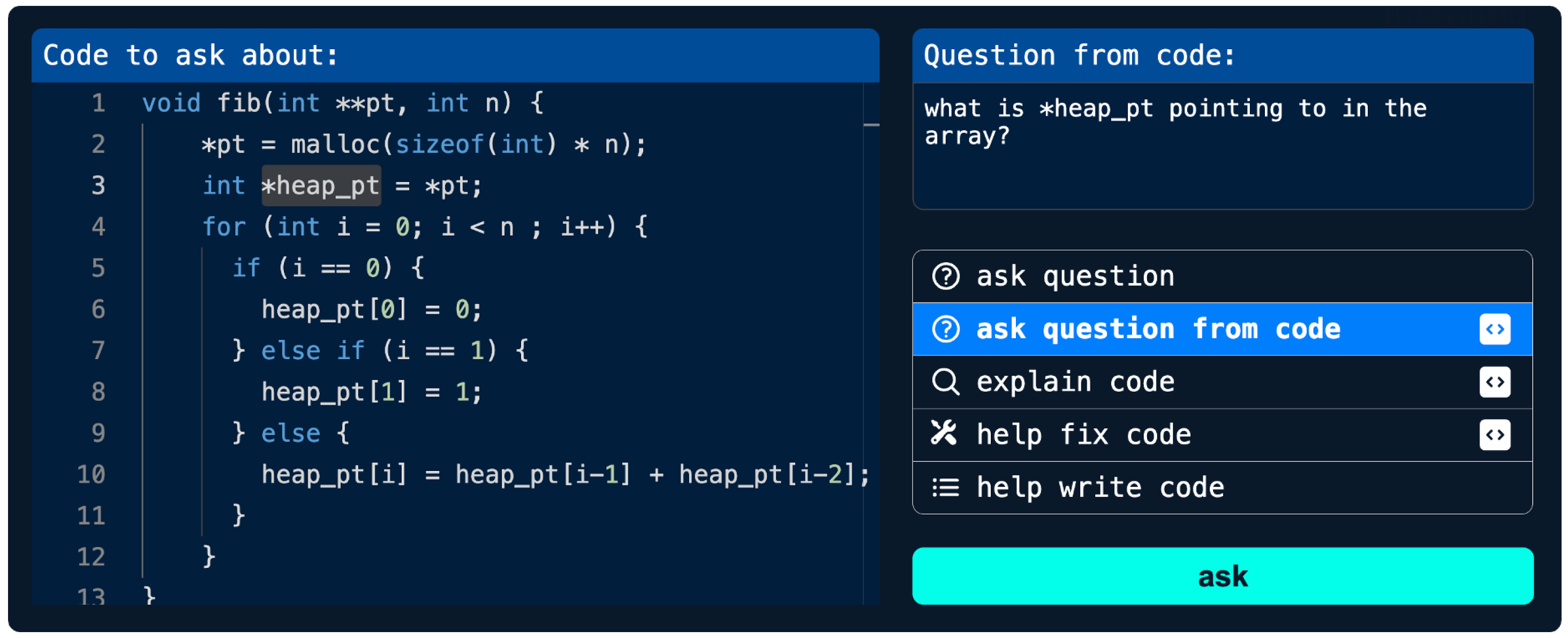 The CodeAid interface. It shows the students code, an area to ask questions, and buttons to ask the AI for specific types of help.