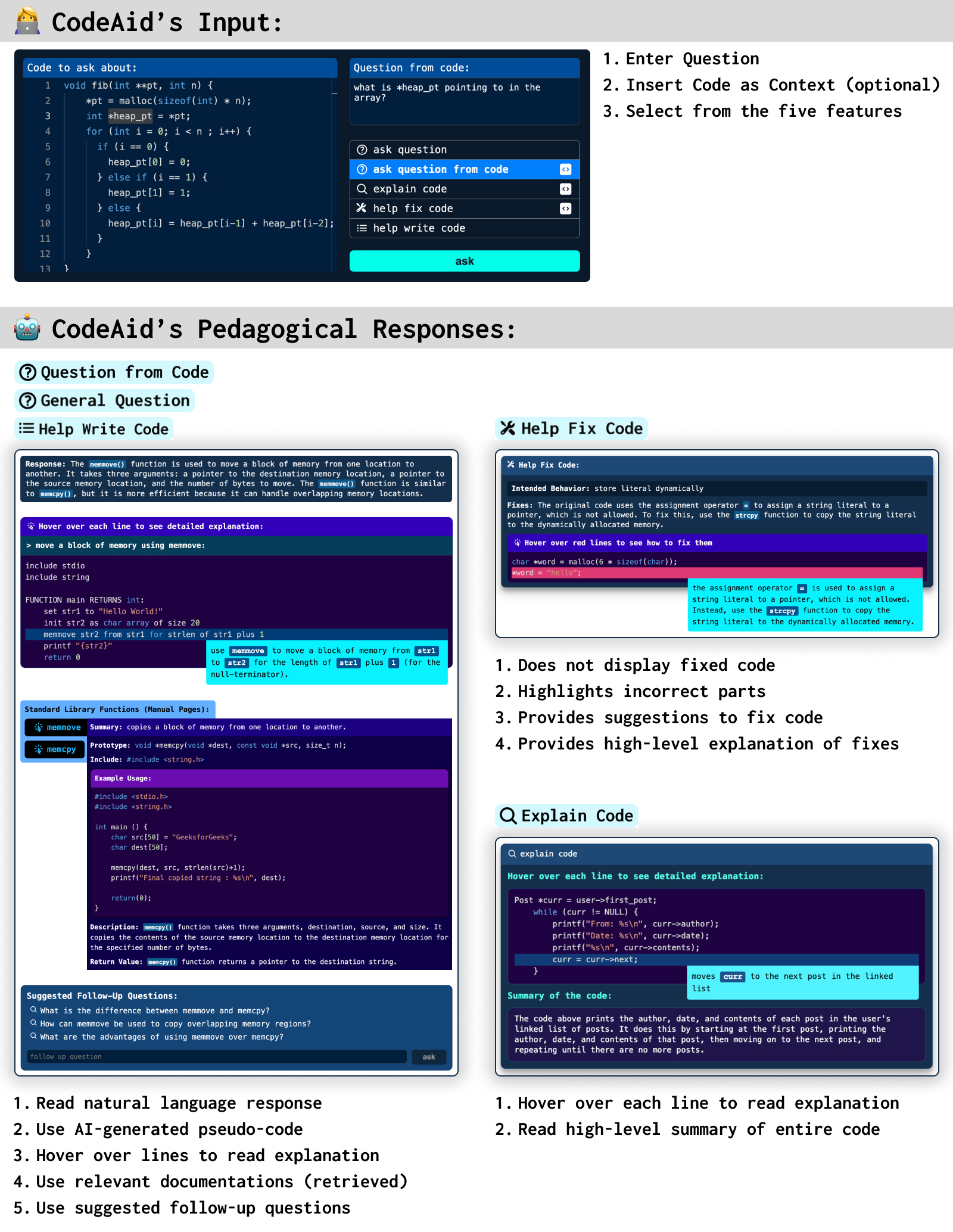 CodeAid allows students to ask five types of coding questions: General Question, Question From Code, Explain Code, Help Fix Code, and Help Write Code. In response, CodeAid uses LLMs to generate pedagogical answers that do not contain direct code solutions. When asked general questions or to generate code, it provides a natural language response with an interactive pseudo-code that allows students to hover over each line and understand what each line does. Responses also include relevant function documentations retrieved from a database to ensure factual accuracy and approved by course educator. When asked to help fix provided incorrect code, CodeAid does not display the fixed code. Instead, it highlights incorrect parts of the students' code with suggested fixes.