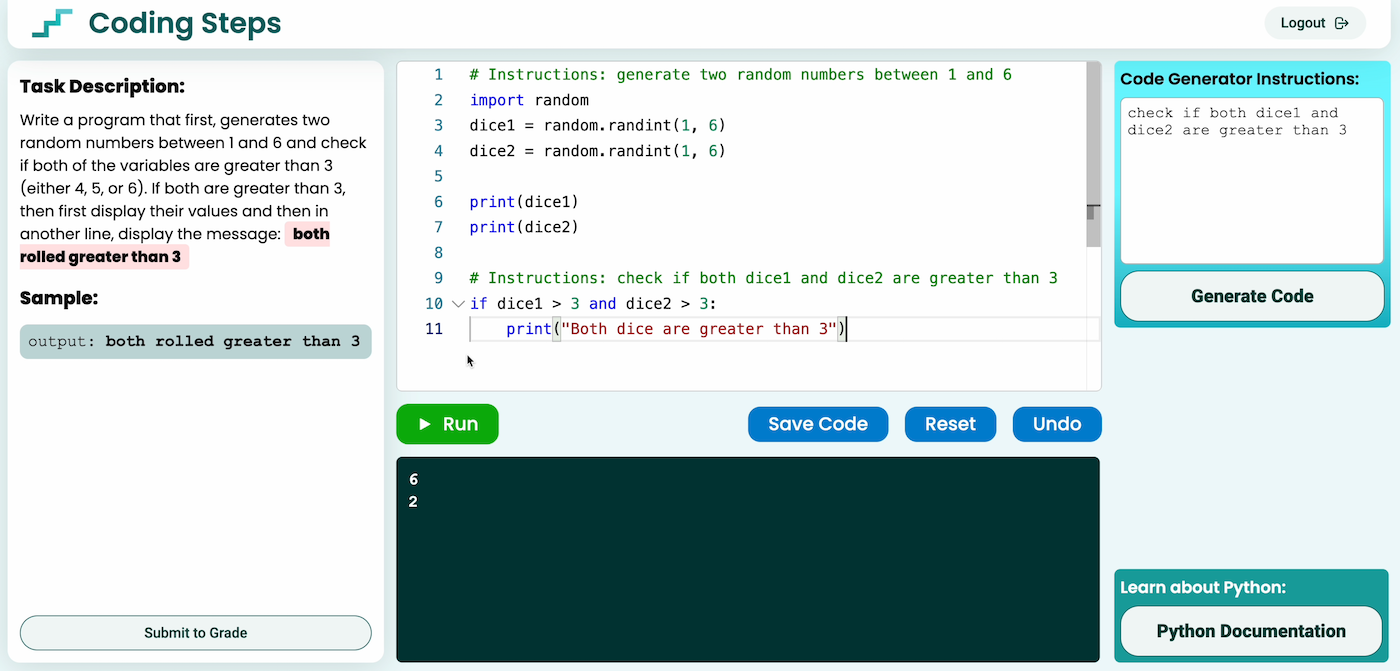 A screenshot of the Coding Steps tool. It shows the student the task description, an example output, their code, the program output, and the AI output.
