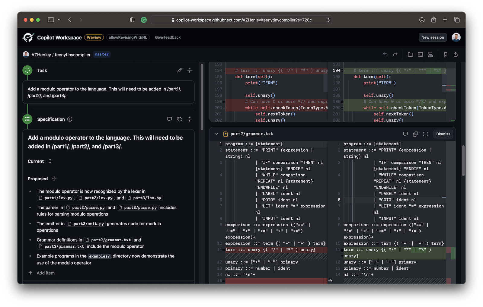 Screenshot of Copilot Workspace. Showing the task description and plan on the left, and a diff of the proposed code changes on the right.