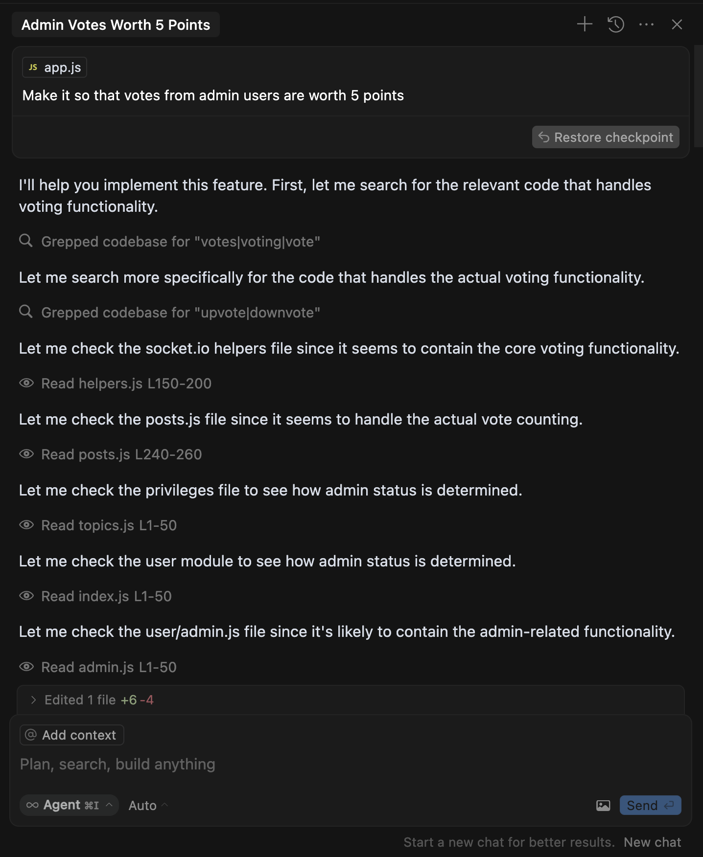 Cursor developing a plan on how to complete my task and searching my codebase to learn more.