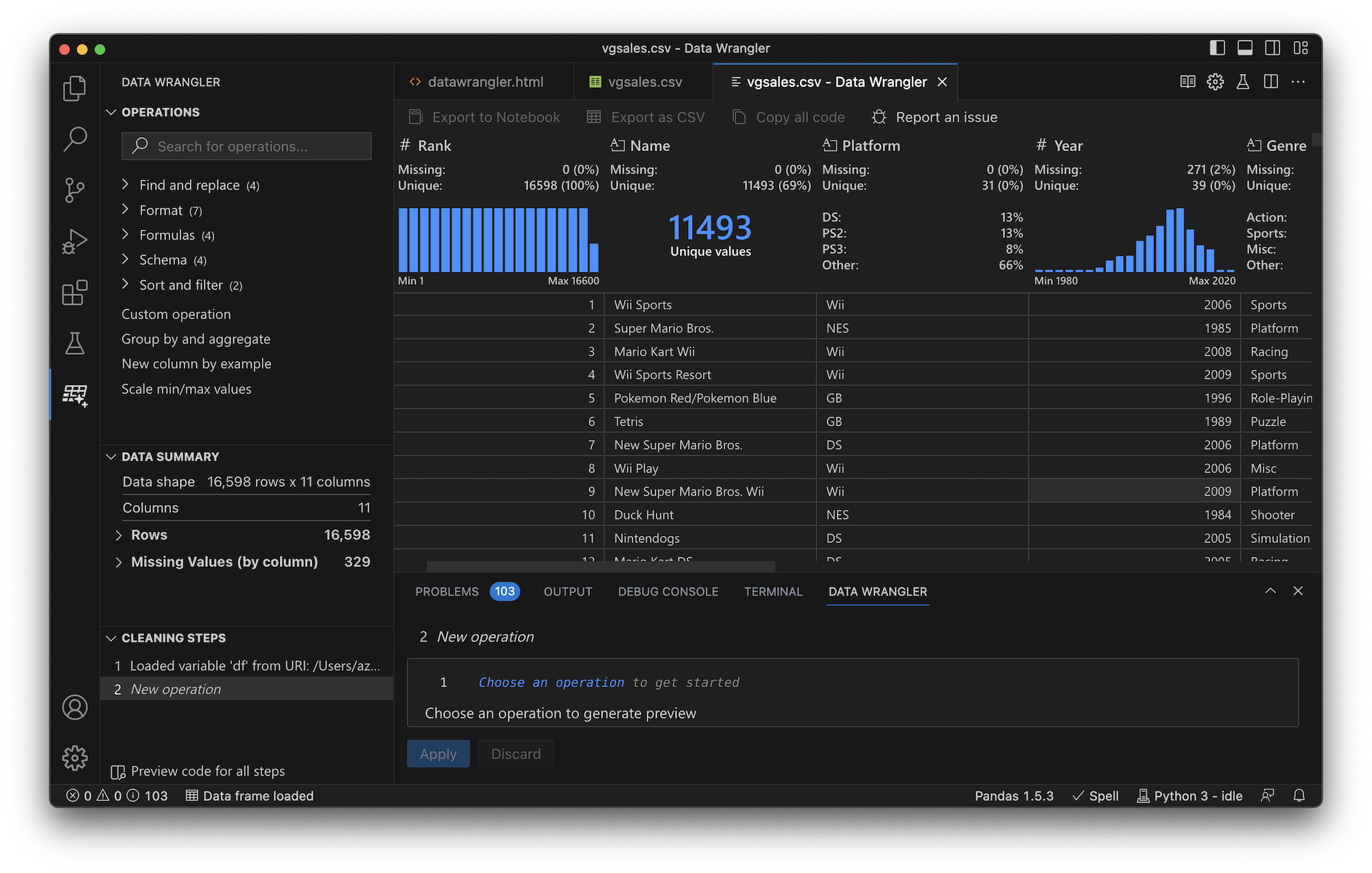 Screenshot of the Data Wrangler extension in VS Code. It shows a preview of the data in a grid, descriptive stats with a visualization above each column, a Python code editor at the bottom, and a list of operations on the left.