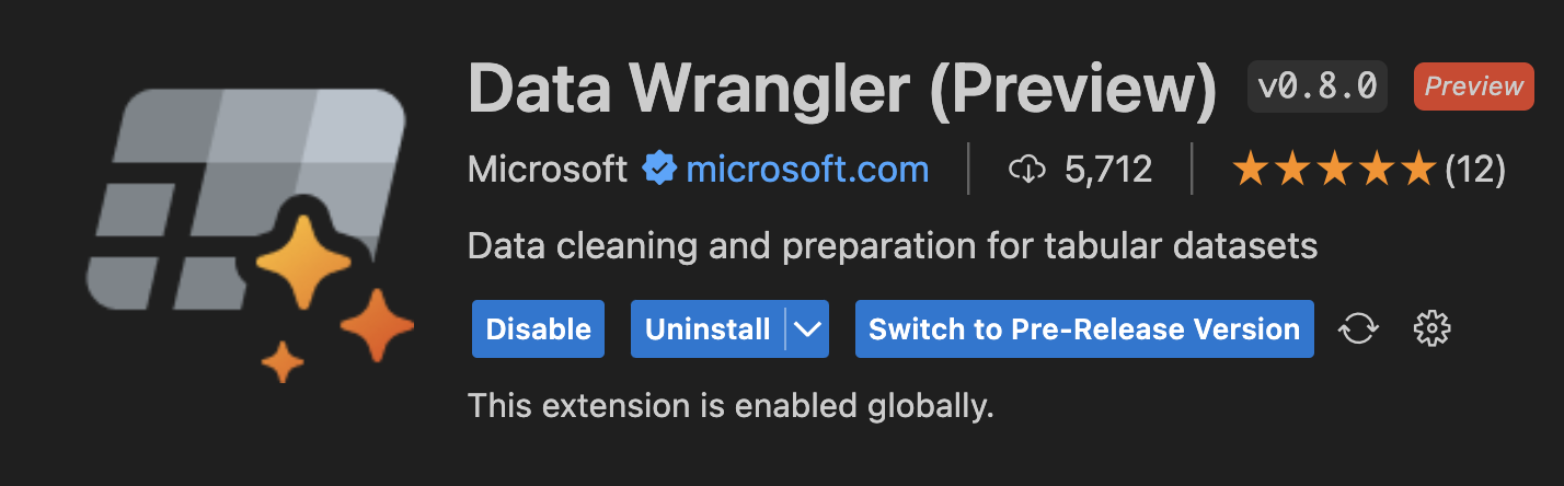 A screenshot of the entry for Data Wrangler in the VS Code Extension Marketplace.