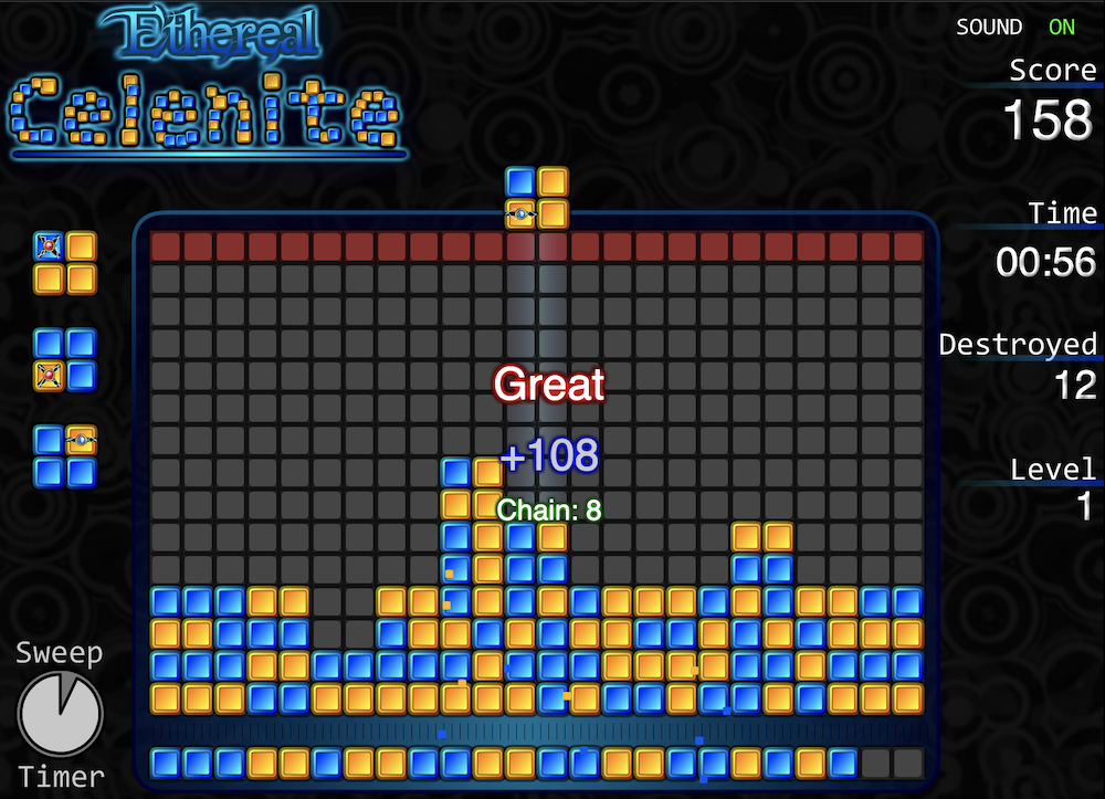 Screenshot of my game, Celenite. It is a fast-paced puzzle game where you try to get the same color blocks together to create big combos.
