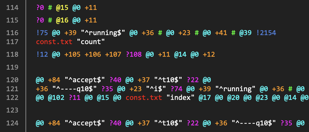 A screenshot of Hofstadter code. It has code like: !75 @0 +39 '^running$' @0 +36 # @0 +23 # @0 +41 # @39 !2154
