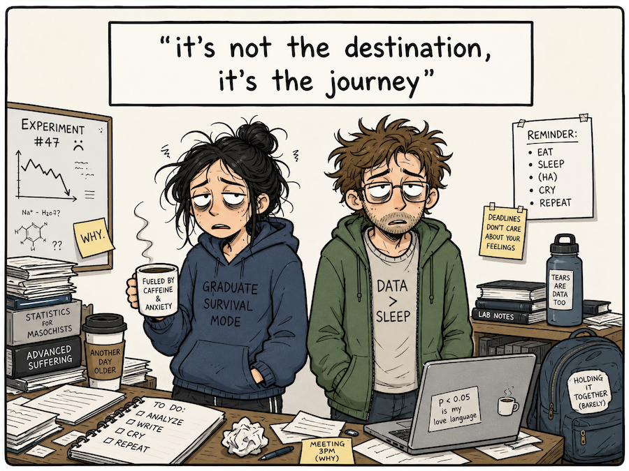 Funny comic of two disheveled grad students with the headline saying, it's not the destination, it's the journey.