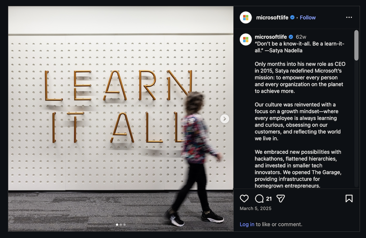 Screenshot of Microsoft's Instagram post that says LEARN IT ALL.