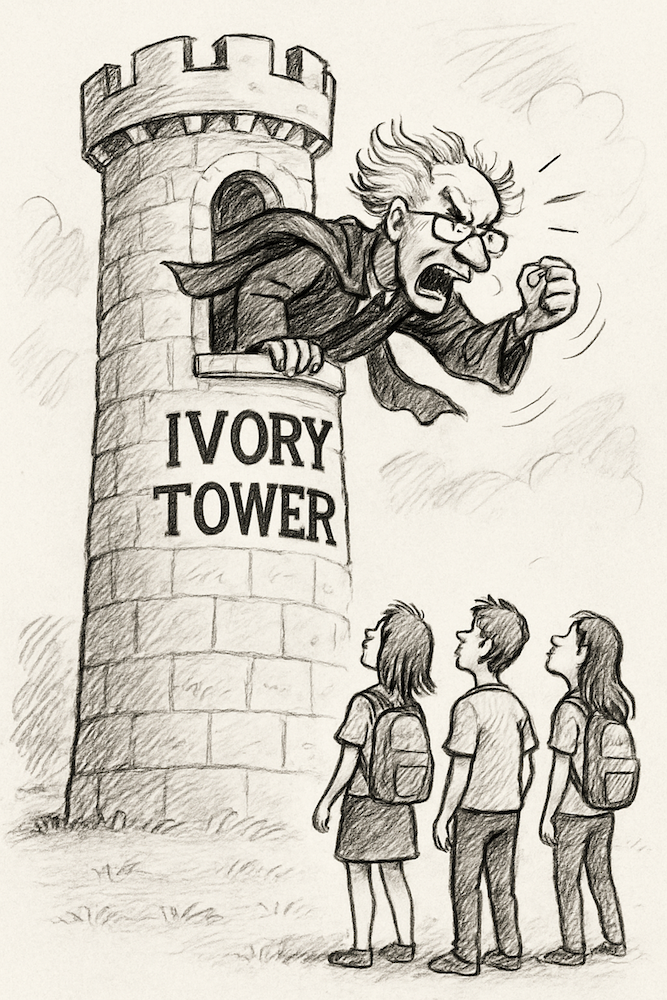 A satirical sketch of an old man yelling from an ivory tower at students down below.