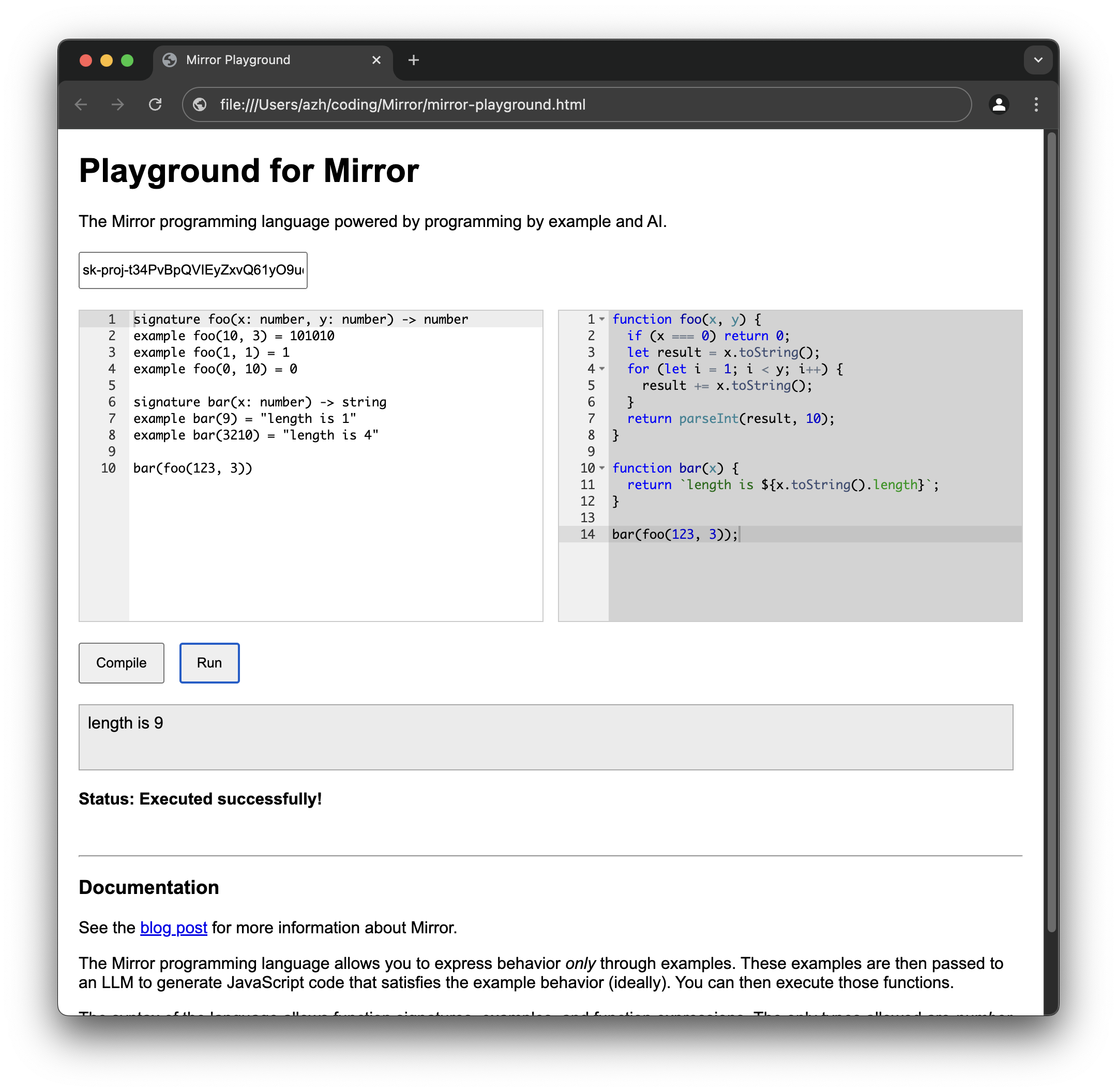 Screenshot of the Mirror playground running the browser.