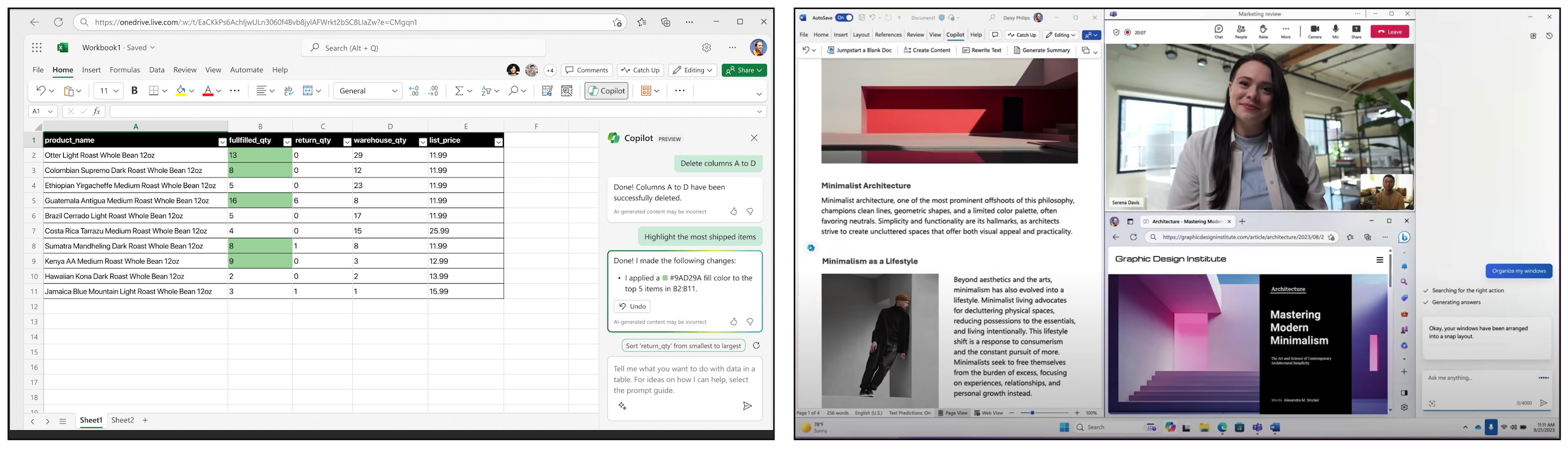 A screenshot of two example copilots. Left is Excel and right is Windows.