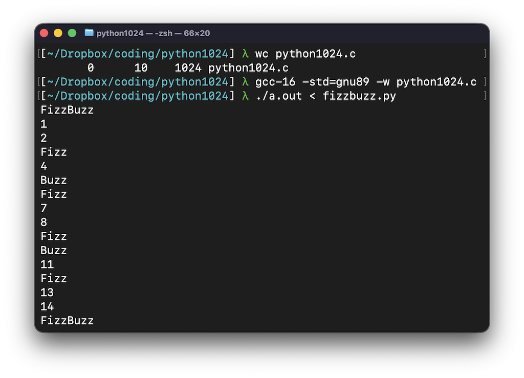 A screenshot of a terminal checking the byte length of the golfed code, compiling it, and running fizzbuzz with it.