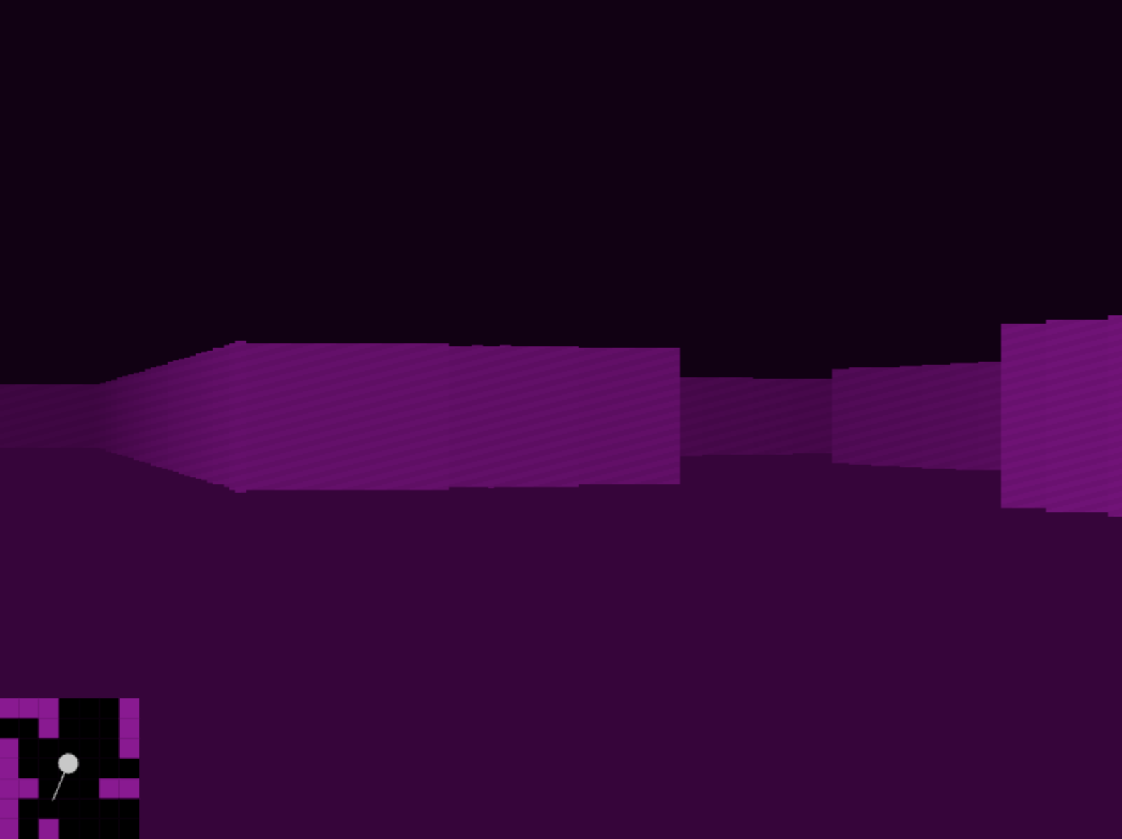 Screenshot of the final raycasting demo. It shows purple dithered walls of a procedurally generated maze along with a mini map of where you are.