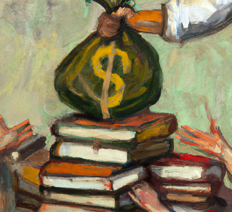 A painting of hands reaching over a pile of books trying to get a big bag of money.