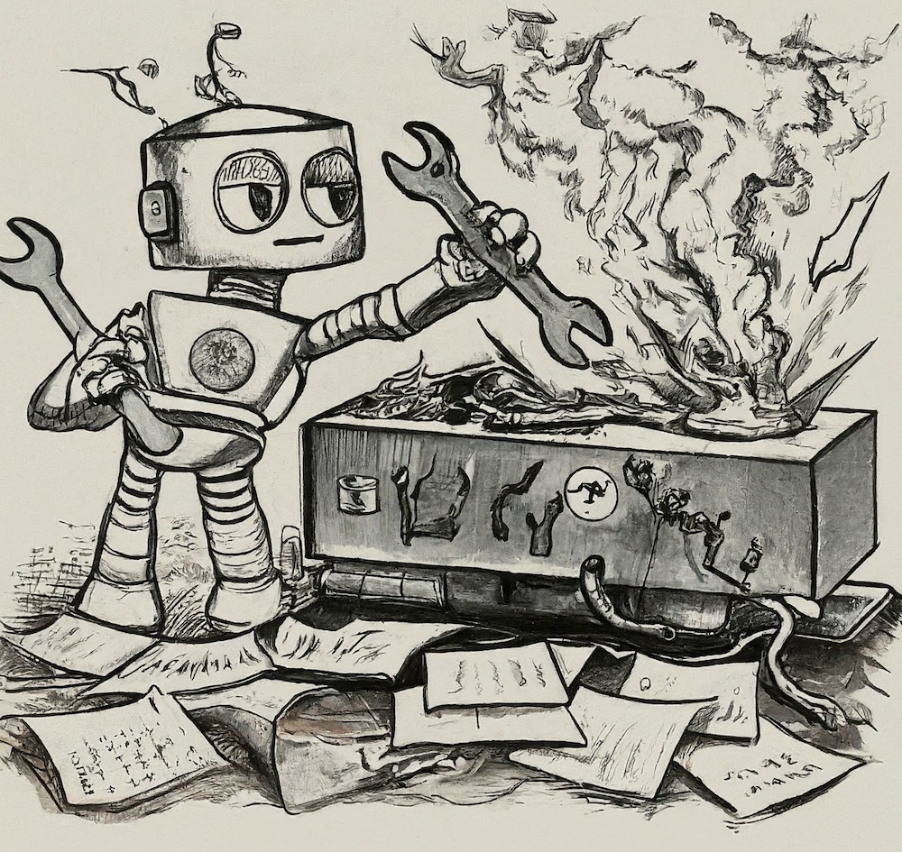 Whimsical sketch of a robot doing science, badly.