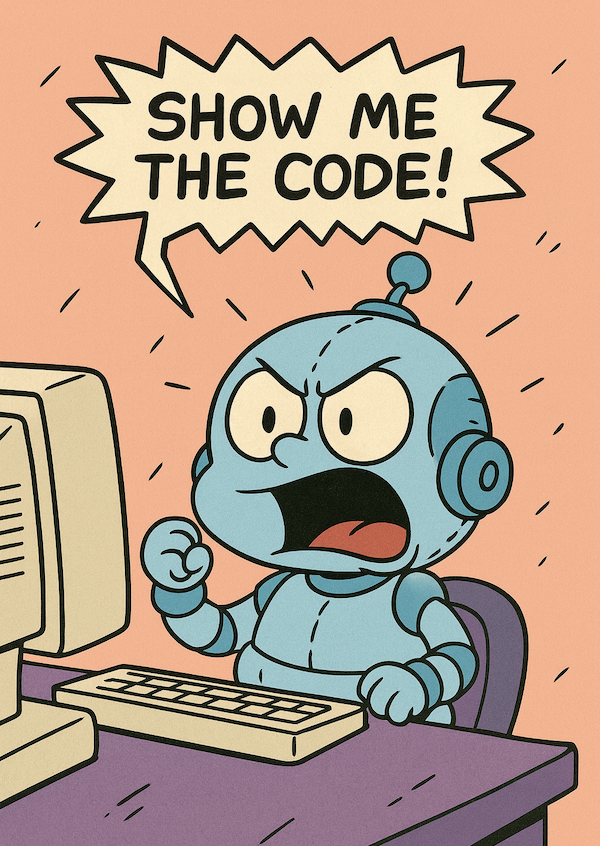 A baby robot yelling, 'show me the code!'