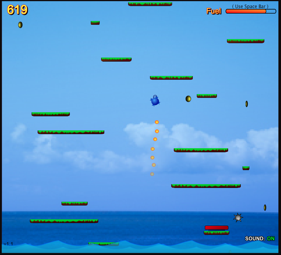 Screenshot of my first released game, Stay Up. You are a blue ball that hops from falling platforms in an effort to stay up forever.