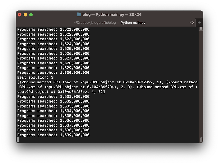 The terminal showing that the superoptimizer still has not completed after trying 1.5 million different programs.