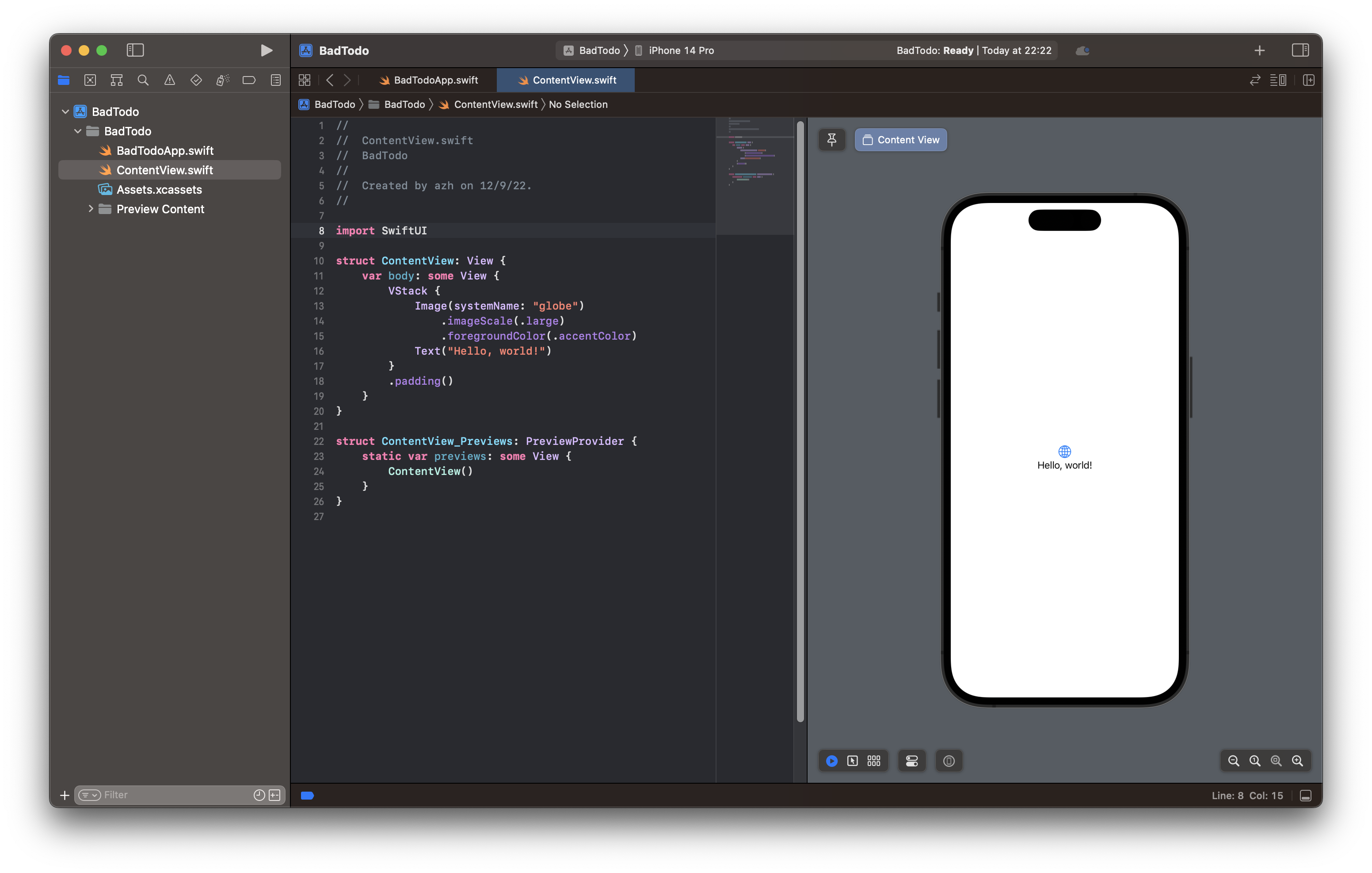 XCode showing the code and running app for a hello world demo.