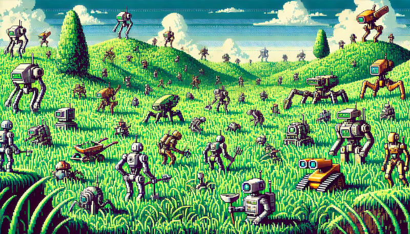 Wild robots in a green field, pixel art.